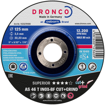 Cutting disc 115x2.5x22 AS46T/AST inox CUT+GRIND superior DRONCO 1113270100